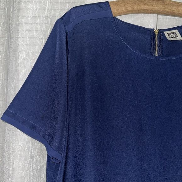 Anne Klein XL Midnight Blue Pop Over Boxy Fit Chiffon Pleated Details Blouse - Picture 3 of 11